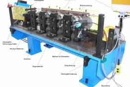 Profilieranlage PE 40 mit 4 Umformstationen mit Einlaufführung, Messrad, Rollenbandöler und Trennwerkzeug
